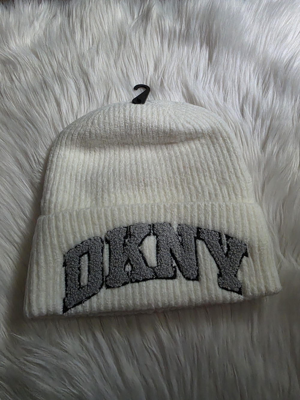 DKNY Cream Ribbed Knit Beanie with Sherpa Logo